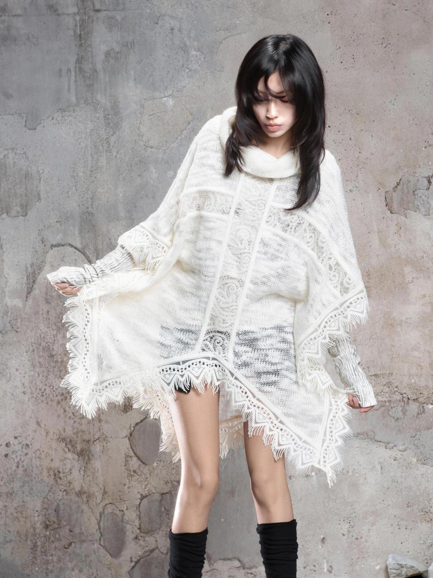 ARIADNAw Vintage Punk Cross Cape With Fringe Cardigan