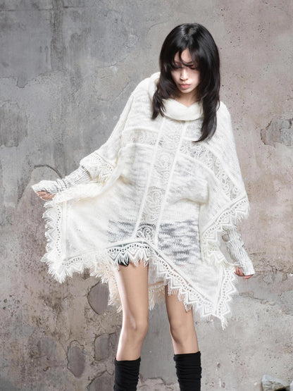 ARIADNAw Vintage Punk Cross Cape With Fringe Cardigan