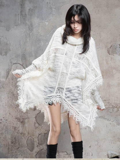 ARIADNAw Vintage Punk Cross Cape With Fringe Cardigan