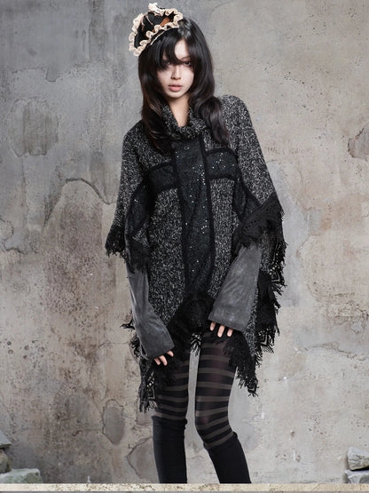 ARIADNAw Vintage Punk Cross Cape With Fringe Cardigan
