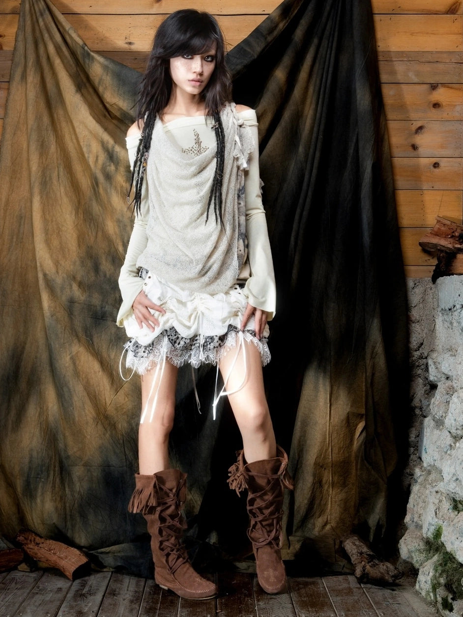 ARIADNAw Vintage Punk Cross Studded Slim Fit Long Sleeve Top Cardigan