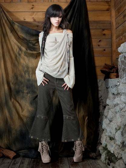 ARIADNAw Vintage Punk Cross Studded Slim Fit Long Sleeve Top Cardigan