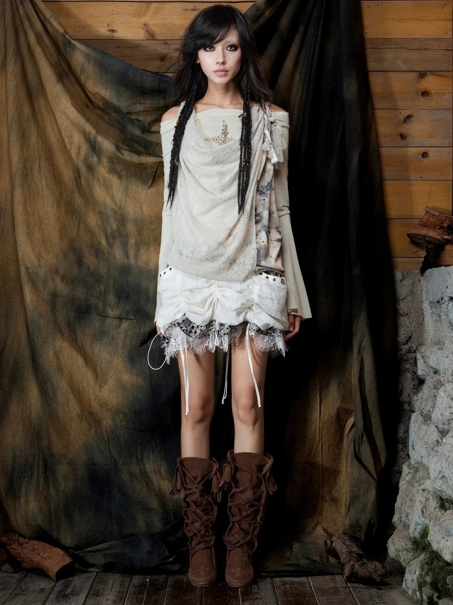 ARIADNAw Vintage Punk Cross Studded Slim Fit Long Sleeve Top Cardigan