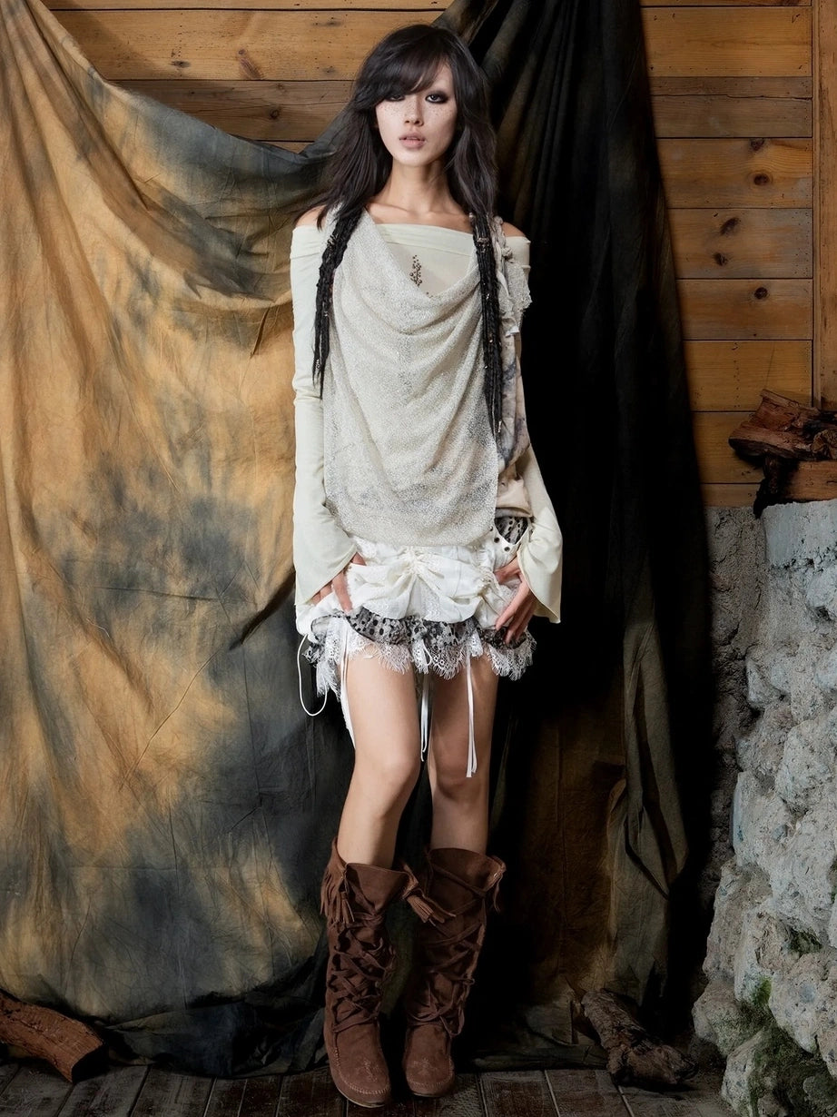 ARIADNAw Vintage Punk Cross Studded Slim Fit Long Sleeve Top Cardigan