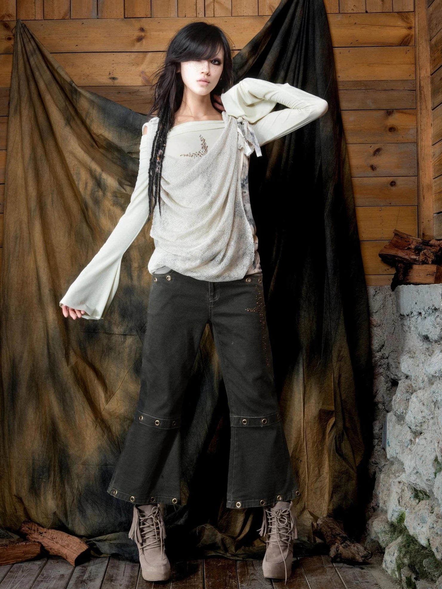 ARIADNAw Vintage Punk Cross Studded Slim Fit Long Sleeve Top Cardigan