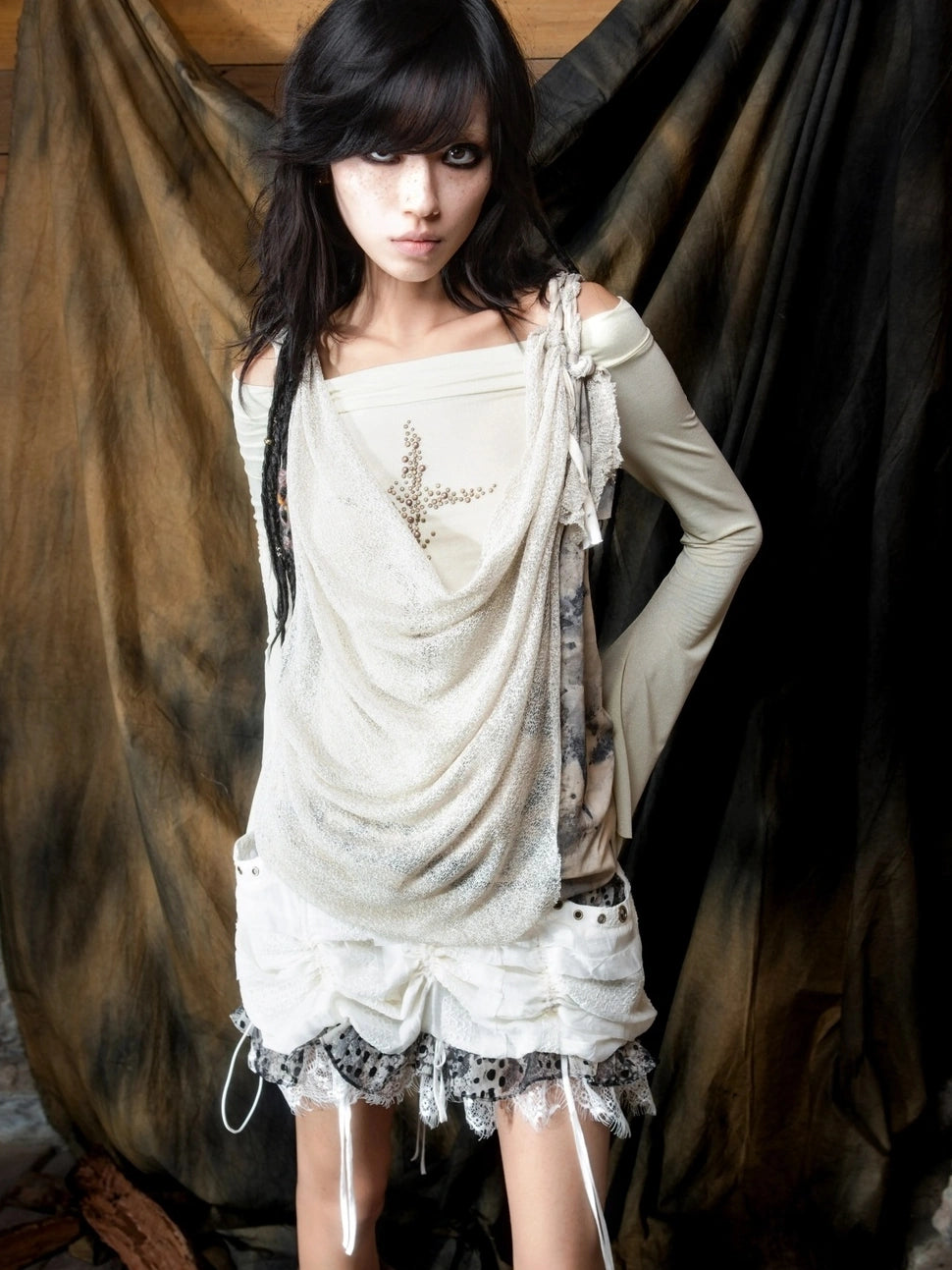 ARIADNAw Vintage Punk Cross Studded Slim Fit Long Sleeve Top Cardigan