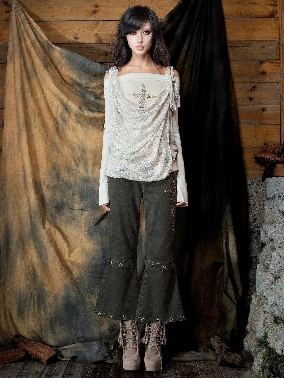 ARIADNAw Vintage Punk Cross Studded Slim Fit Long Sleeve Top Cardigan