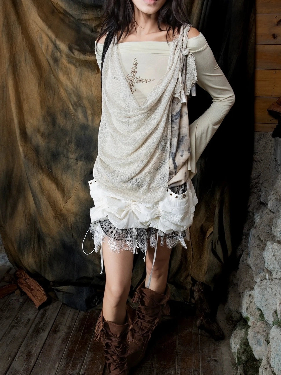 ARIADNAw Vintage Punk Cross Studded Slim Fit Long Sleeve Top Cardigan