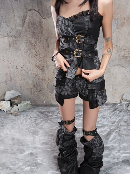 ARIADNAw Vintage Punk Distressed Low Rise Shorts With Leg Warmers Pants