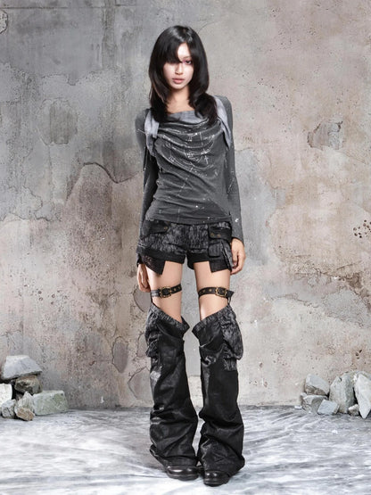 ARIADNAw Vintage Punk Distressed Low Rise Shorts With Leg Warmers Pants