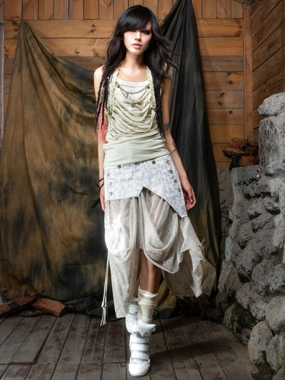 ARIADNAw Vintage Punk Distressed Mesh Patchwork Midi Skirt Skirt