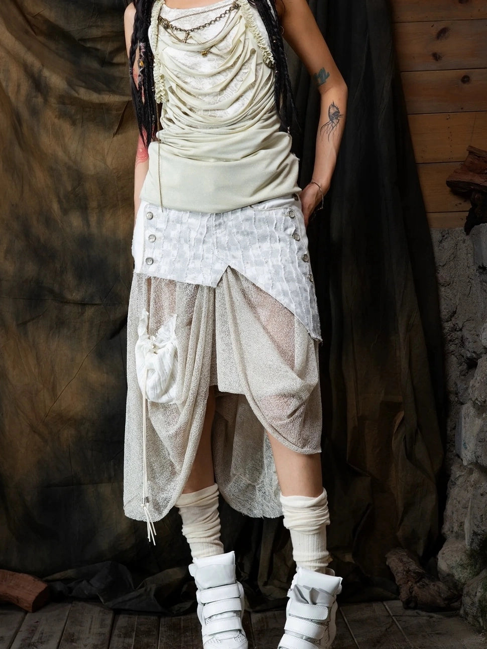 ARIADNAw Vintage Punk Distressed Mesh Patchwork Midi Skirt Skirt