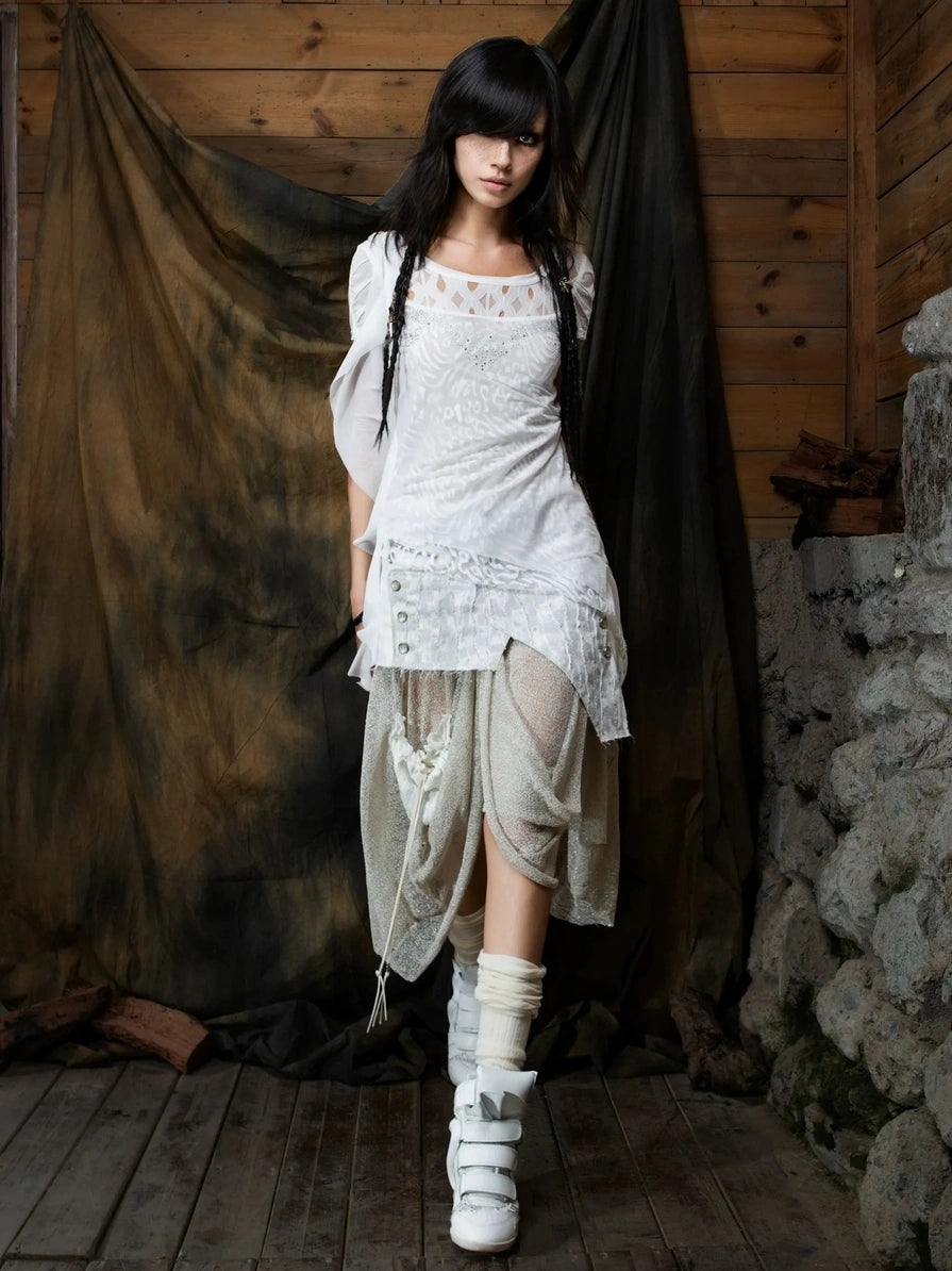 ARIADNAw Vintage Punk Distressed Mesh Patchwork Midi Skirt Skirt