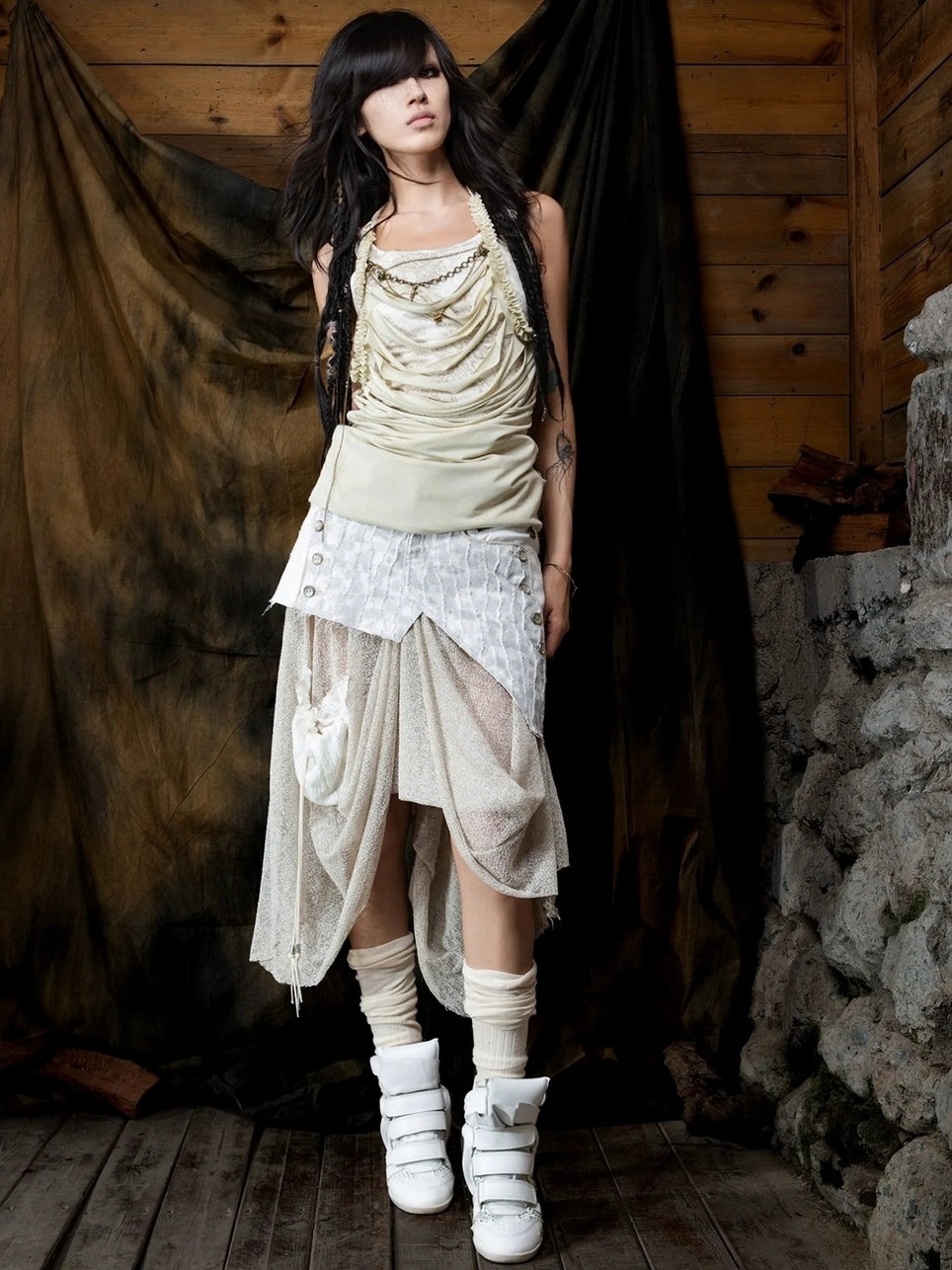 ARIADNAw Vintage Punk Distressed Mesh Patchwork Midi Skirt Skirt