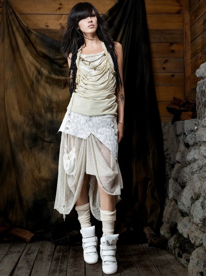 ARIADNAw Vintage Punk Distressed Mesh Patchwork Midi Skirt Skirt