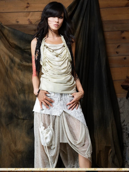 ARIADNAw Vintage Punk Distressed Mesh Patchwork Midi Skirt Skirt