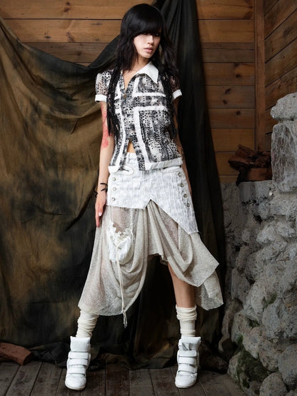 ARIADNAw Vintage Punk Distressed Mesh Patchwork Midi Skirt Skirt