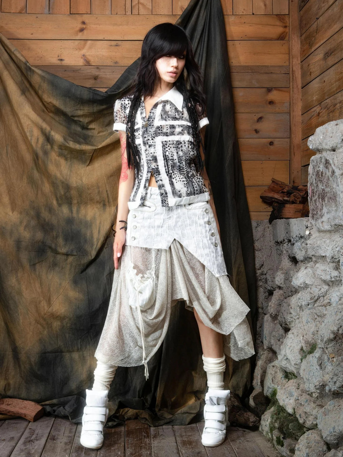 ARIADNAw Vintage Punk Distressed Mesh Patchwork Midi Skirt Skirt