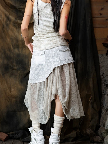 ARIADNAw Vintage Punk Distressed Mesh Patchwork Midi Skirt Skirt