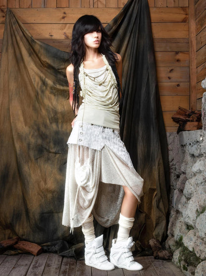 ARIADNAw Vintage Punk Distressed Mesh Patchwork Midi Skirt Skirt