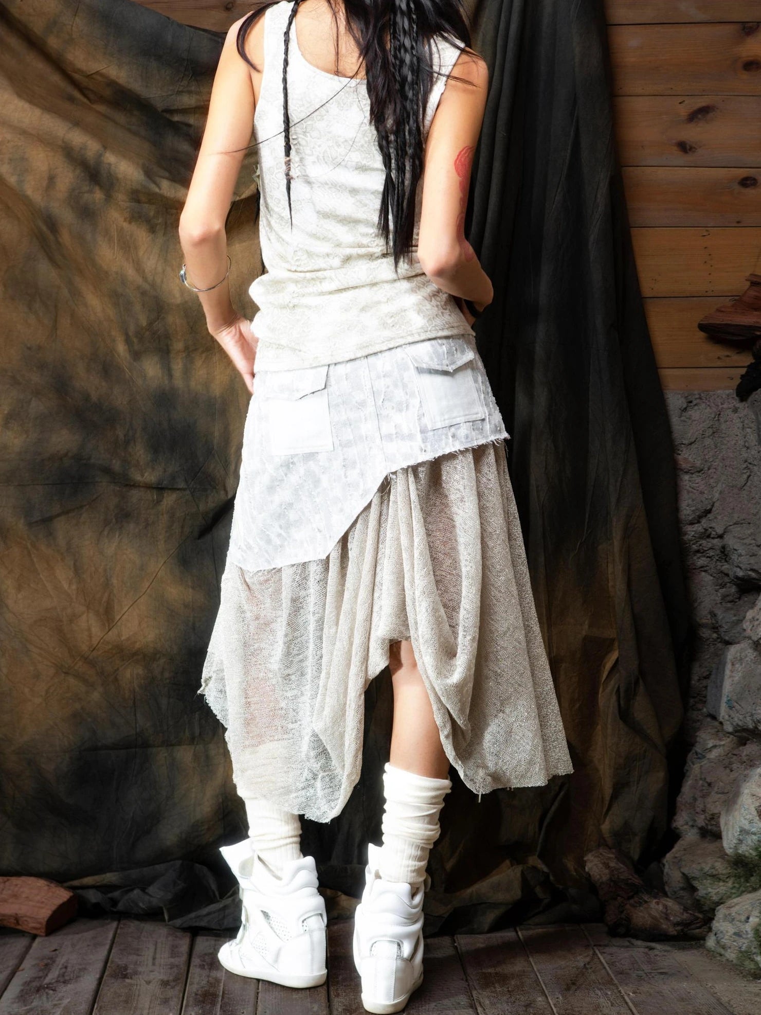 ARIADNAw Vintage Punk Distressed Mesh Patchwork Midi Skirt Skirt