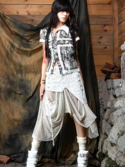 ARIADNAw Vintage Punk Distressed Mesh Patchwork Midi Skirt Skirt