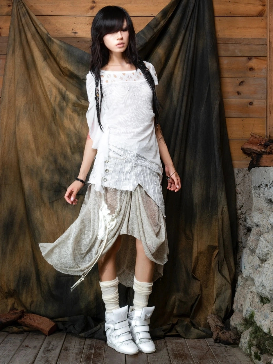 ARIADNAw Vintage Punk Distressed Mesh Patchwork Midi Skirt Skirt