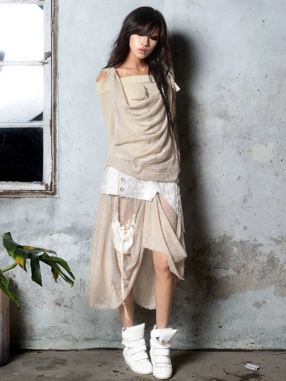 ARIADNAw Vintage Punk Distressed Mesh Patchwork Midi Skirt Skirt