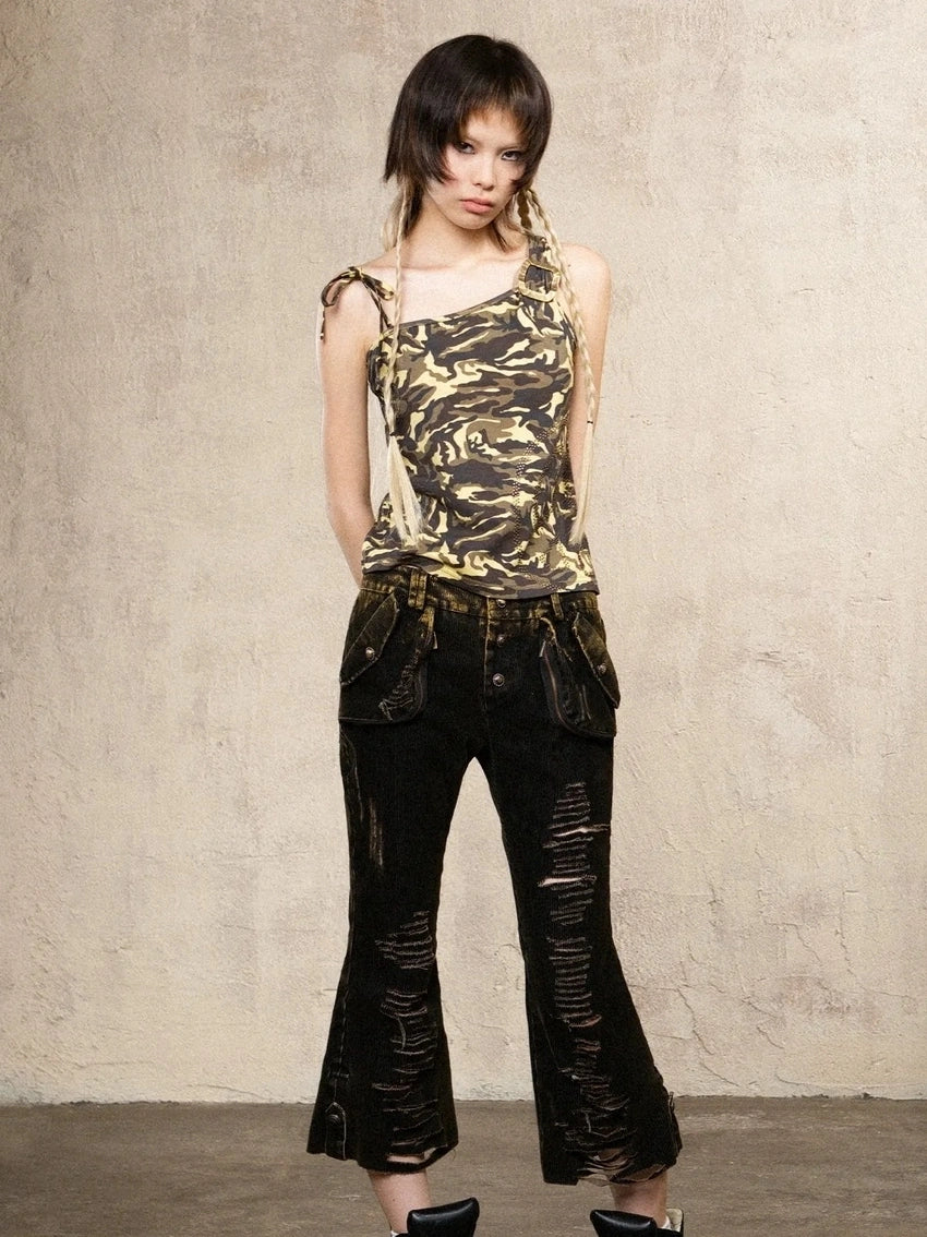 ARIADNAw Vintage Punk Low Rise Distressed Denim Capris Jeans