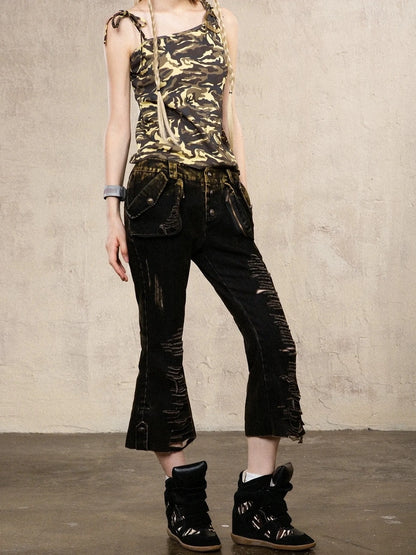 ARIADNAw Vintage Punk Low Rise Distressed Denim Capris Jeans