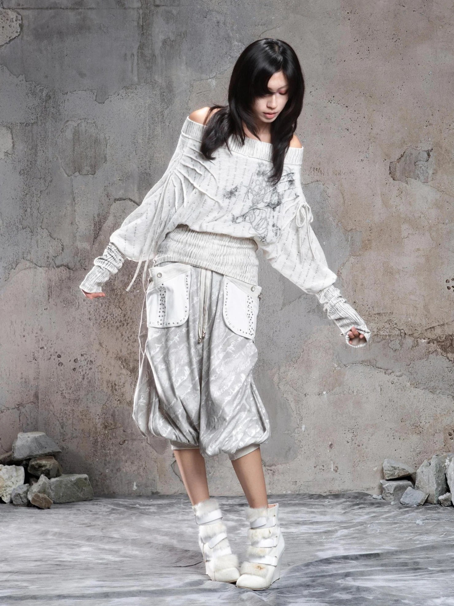 ARIADNAw Vintage Punk Print Off Shoulder Knit Top Cardigan