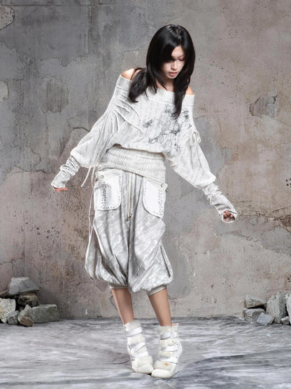 ARIADNAw Vintage Punk Print Off Shoulder Knit Top Cardigan