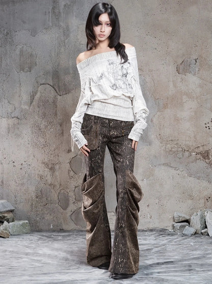 ARIADNAw Vintage Punk Print Off Shoulder Knit Top Cardigan