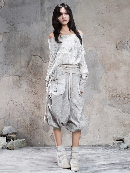 ARIADNAw Vintage Punk Print Off Shoulder Knit Top Cardigan