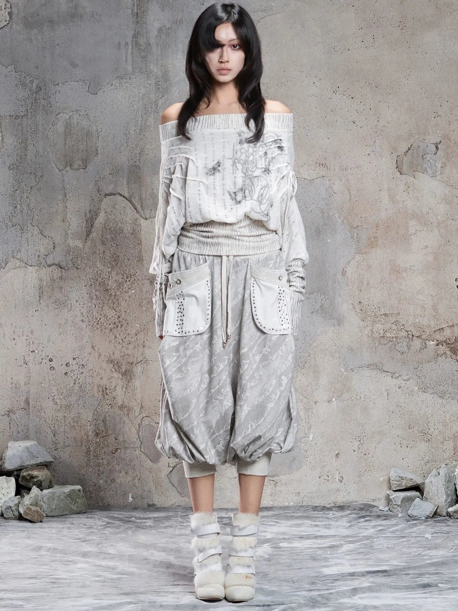 ARIADNAw Vintage Punk Print Off Shoulder Knit Top Cardigan