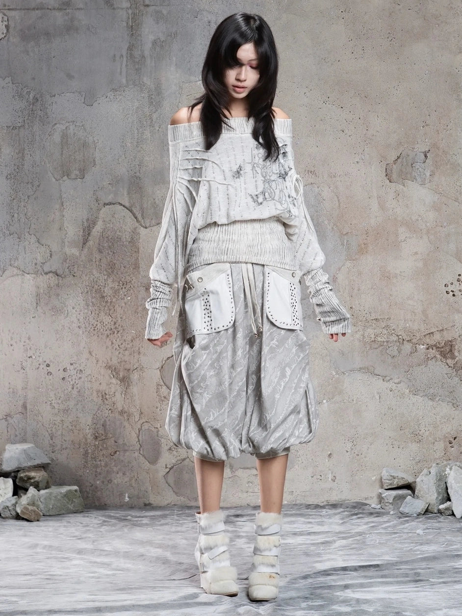 ARIADNAw Vintage Punk Print Off Shoulder Knit Top Cardigan