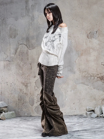 ARIADNAw Vintage Punk Print Off Shoulder Knit Top Cardigan