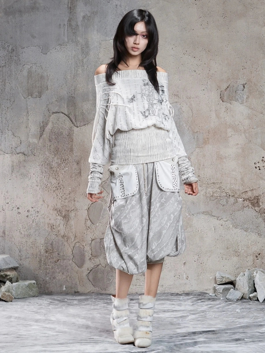 ARIADNAw Vintage Punk Print Off Shoulder Knit Top Cardigan