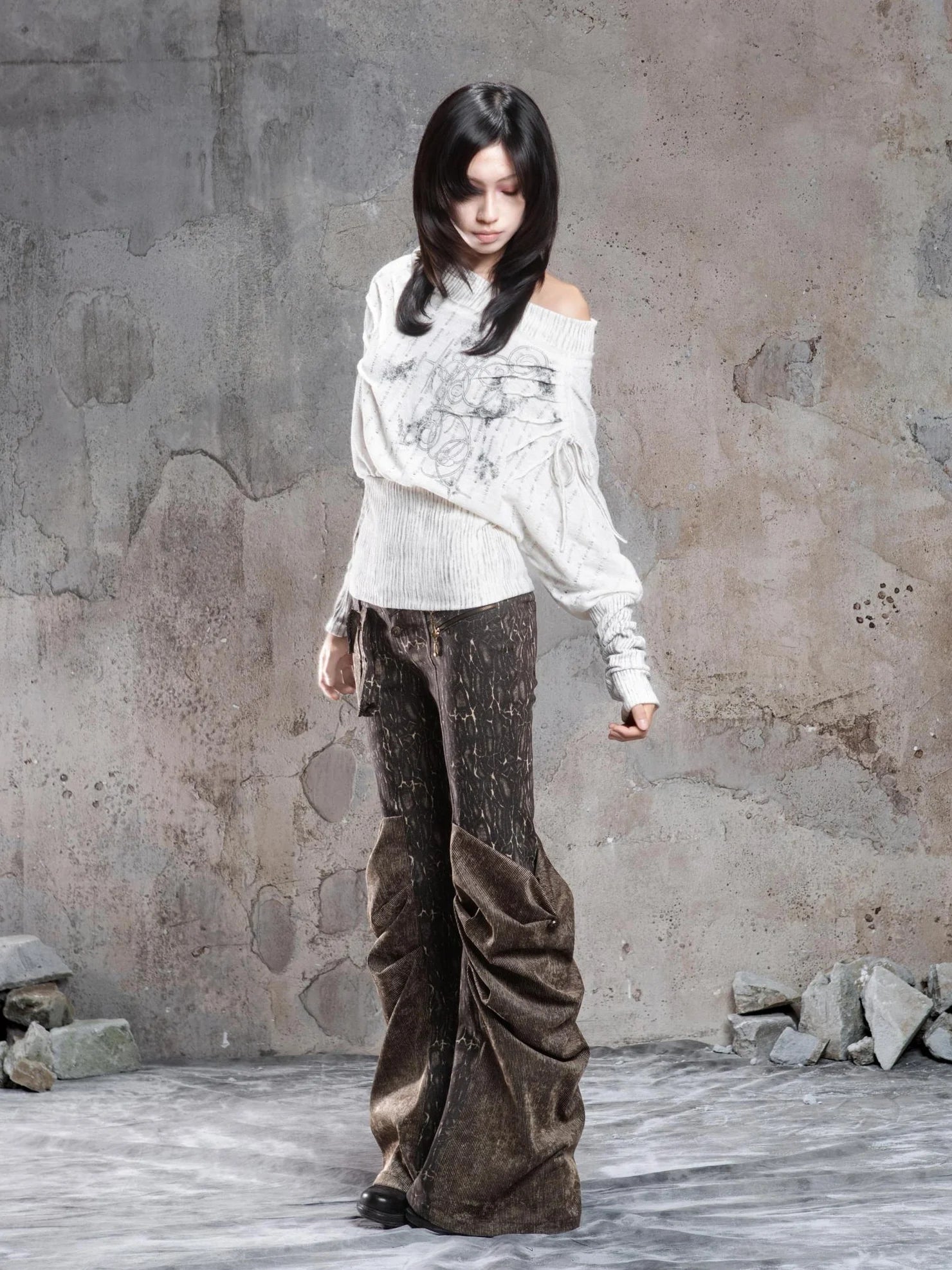 ARIADNAw Vintage Punk Print Off Shoulder Knit Top Cardigan