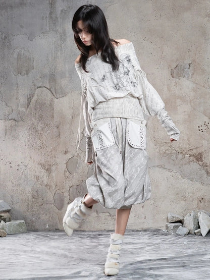 ARIADNAw Vintage Punk Print Off Shoulder Knit Top Cardigan