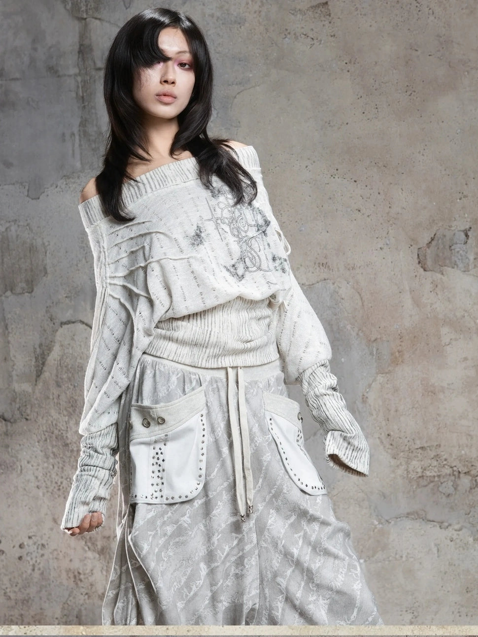 ARIADNAw Vintage Punk Print Off Shoulder Knit Top Cardigan