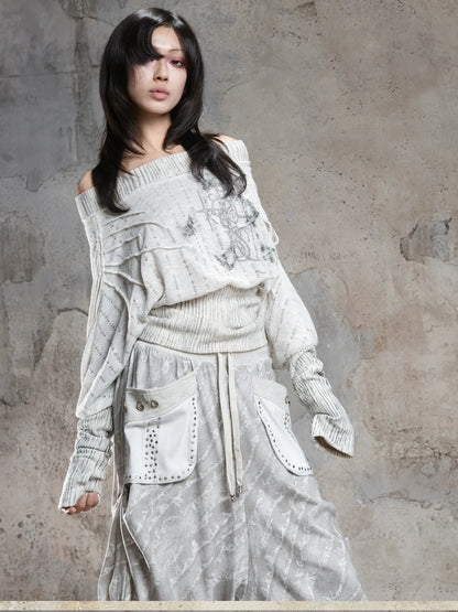 ARIADNAw Vintage Punk Print Off Shoulder Knit Top Cardigan