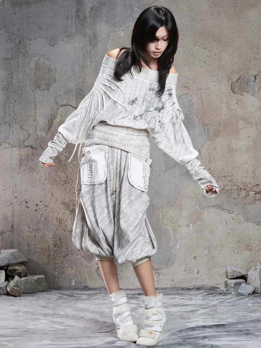 ARIADNAw Vintage Punk Print Off Shoulder Knit Top Cardigan