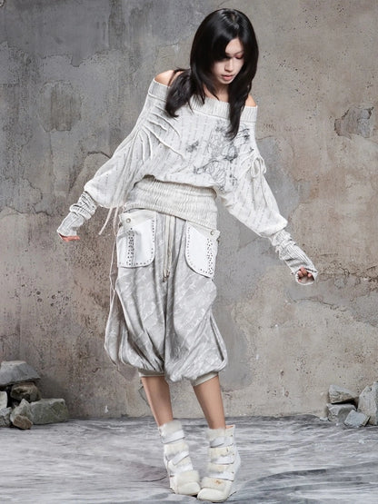 ARIADNAw Vintage Punk Print Off Shoulder Knit Top Cardigan