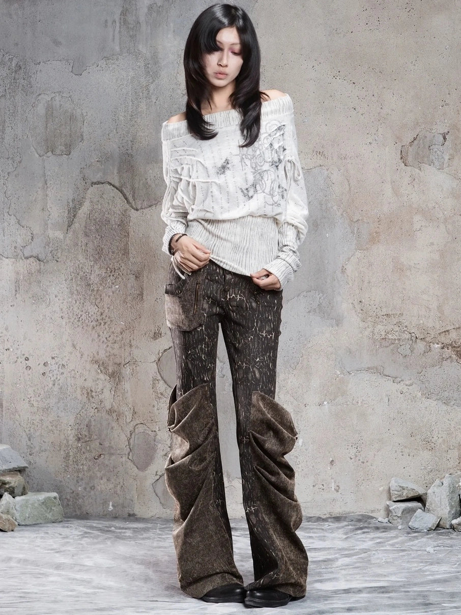 ARIADNAw Vintage Punk Print Off Shoulder Knit Top Cardigan