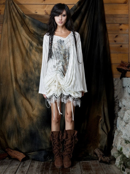 ARIADNAw Vintage Punk V-neck Lace Up Asymmetric Print Knit Top Cardigan