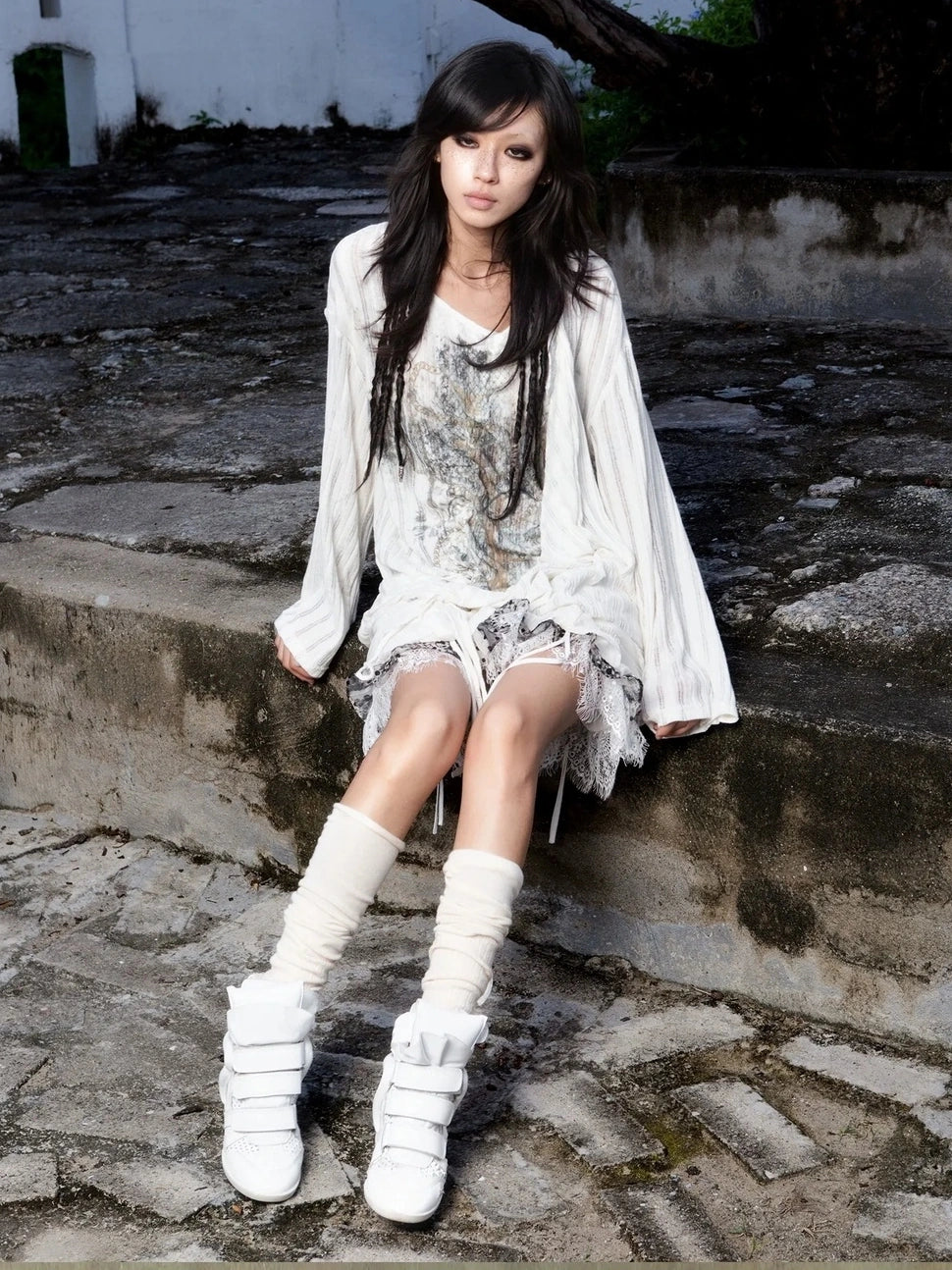 ARIADNAw Vintage Punk V-neck Lace Up Asymmetric Print Knit Top Cardigan