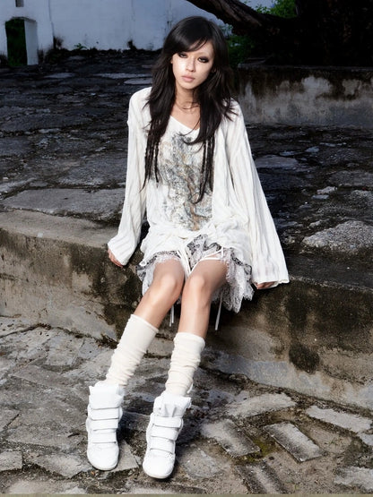 ARIADNAw Vintage Punk V-neck Lace Up Asymmetric Print Knit Top Cardigan