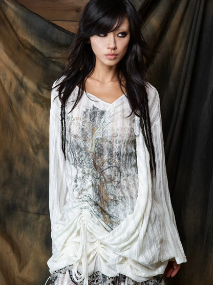 ARIADNAw Vintage Punk V-neck Lace Up Asymmetric Print Knit Top Cardigan