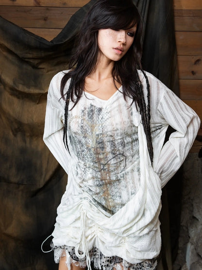 ARIADNAw Vintage Punk V-neck Lace Up Asymmetric Print Knit Top Cardigan